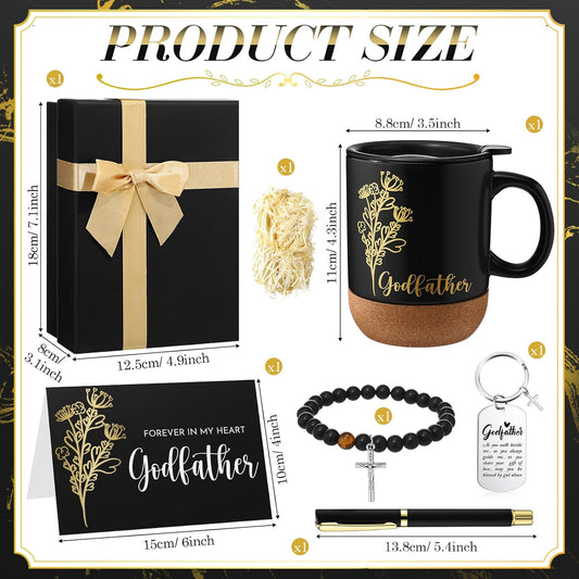 Father'S Day Godfather Proposal Gift for Men God Father Appreciation Gift Set with Father God Mug Cup Keychain Bracelet Forever in My Heart Card for Dad Baptism Favor(Black,Godfather)