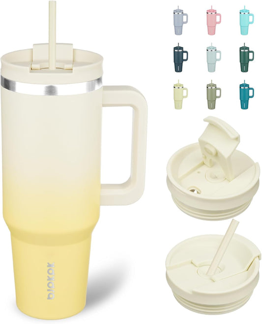 40 Oz Tumbler with Handle Insulated Stainless Steel Thermal Cup with Lid & Straw - Lemon Double Wall Vacuum Travel Mug