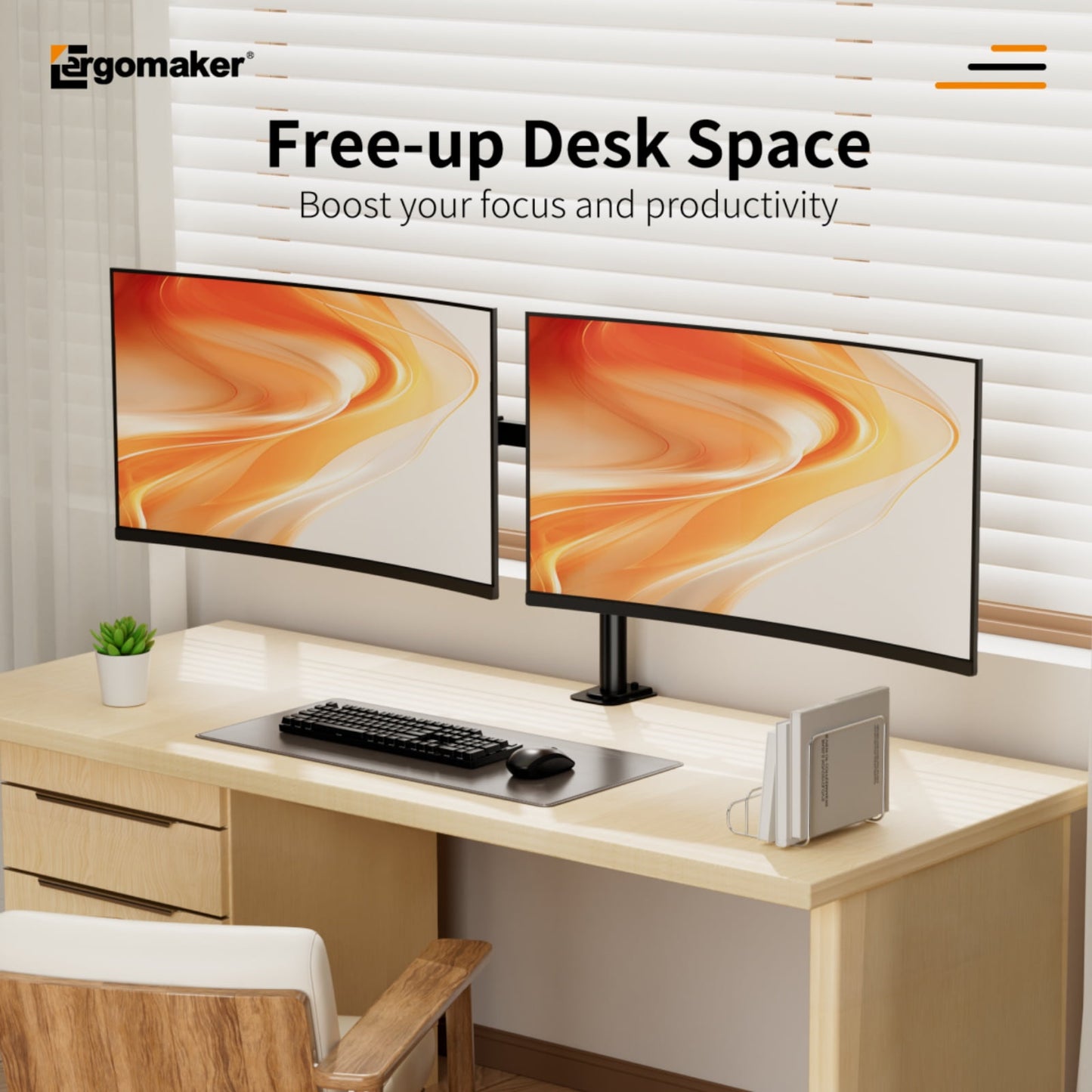Dual Monitor Desk Mount with Adjustable Height and Full-Motion Arms, 13–27 in, Black, Metal