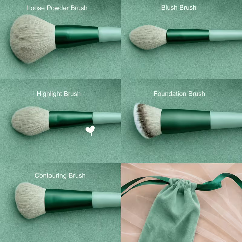Green Makeup Brush Set, 13 Brushes and 2 Puffs with Storage Bag