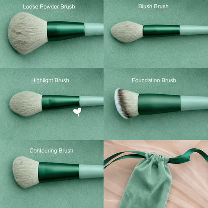 Green Makeup Brush Set, 13 Brushes and 2 Puffs with Storage Bag