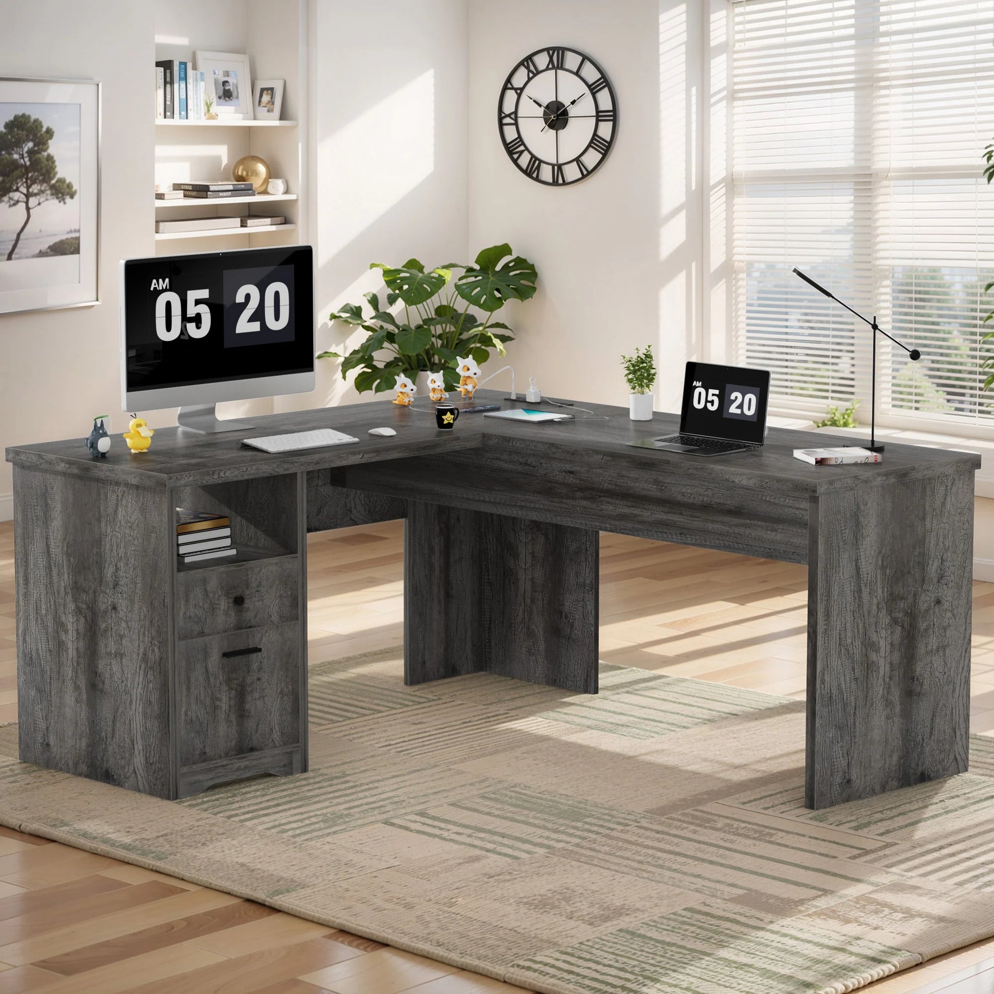 Lift Top L-Shaped Desk with Charge Station, Corner Standing Desk with File Drawers for Home Office