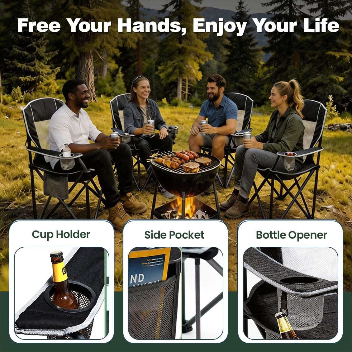 Camping Chairs for Adults, Oversized Camping Chair Heavy Duty 500LBS, Portable Lawn Chair with Cup Holder, Side Pocket&Bag for Outdoor Camping/Beach/Picnic/Fishing, Black