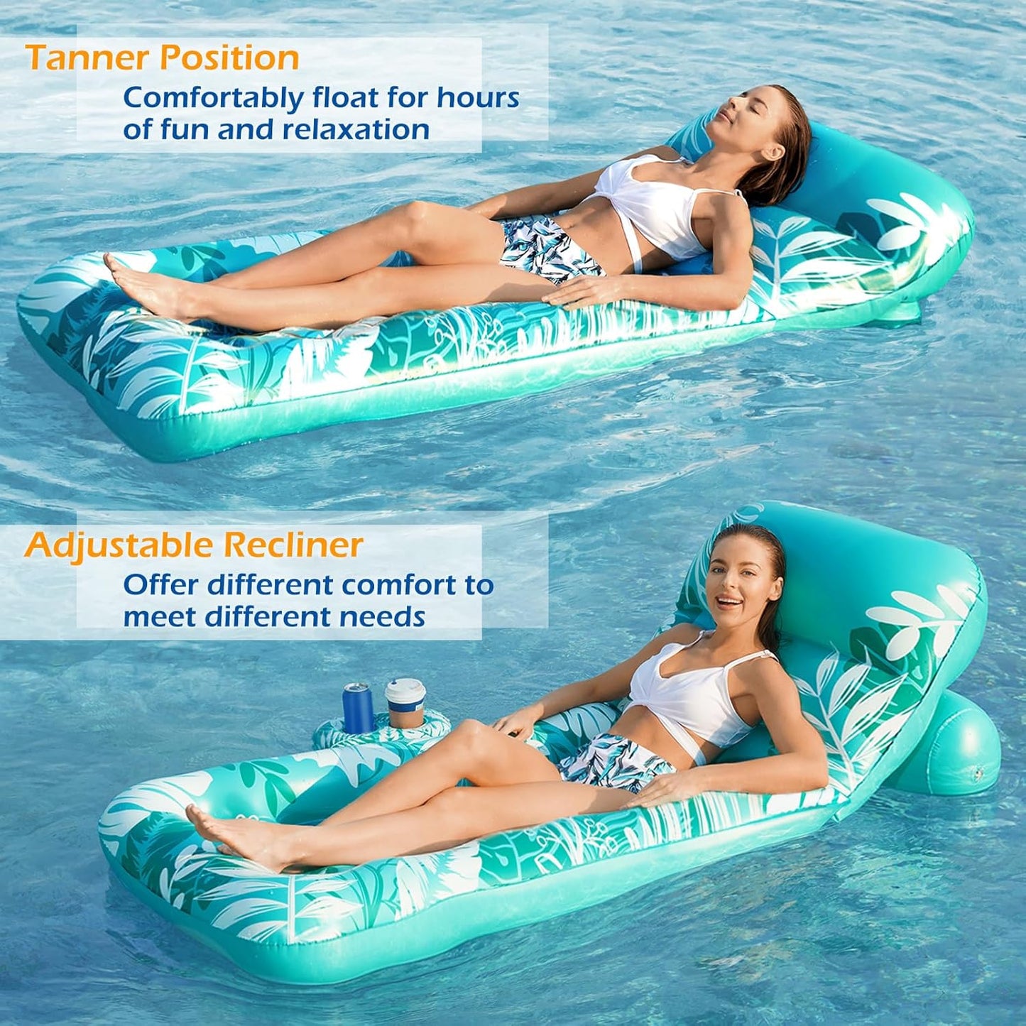 Inflatable Pool Float Adult - Pool Floaties Lounger Floats Floating Chair Raft with Adjustable Backrest Cup Holders Water Floaty Lake Lounge Tanning Floats Beach Party Toys for Adults