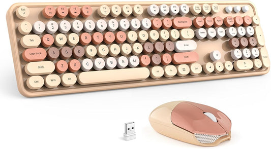 Wireless Keyboard and Mouse Combo -  Coffee Full-Sized Colorful Keyboard 104 Keys - USB 2.4 G Receiver Plug and Play with round Keycap Typewriter Keyboards, for Windows, PC, Laptop, Desktop