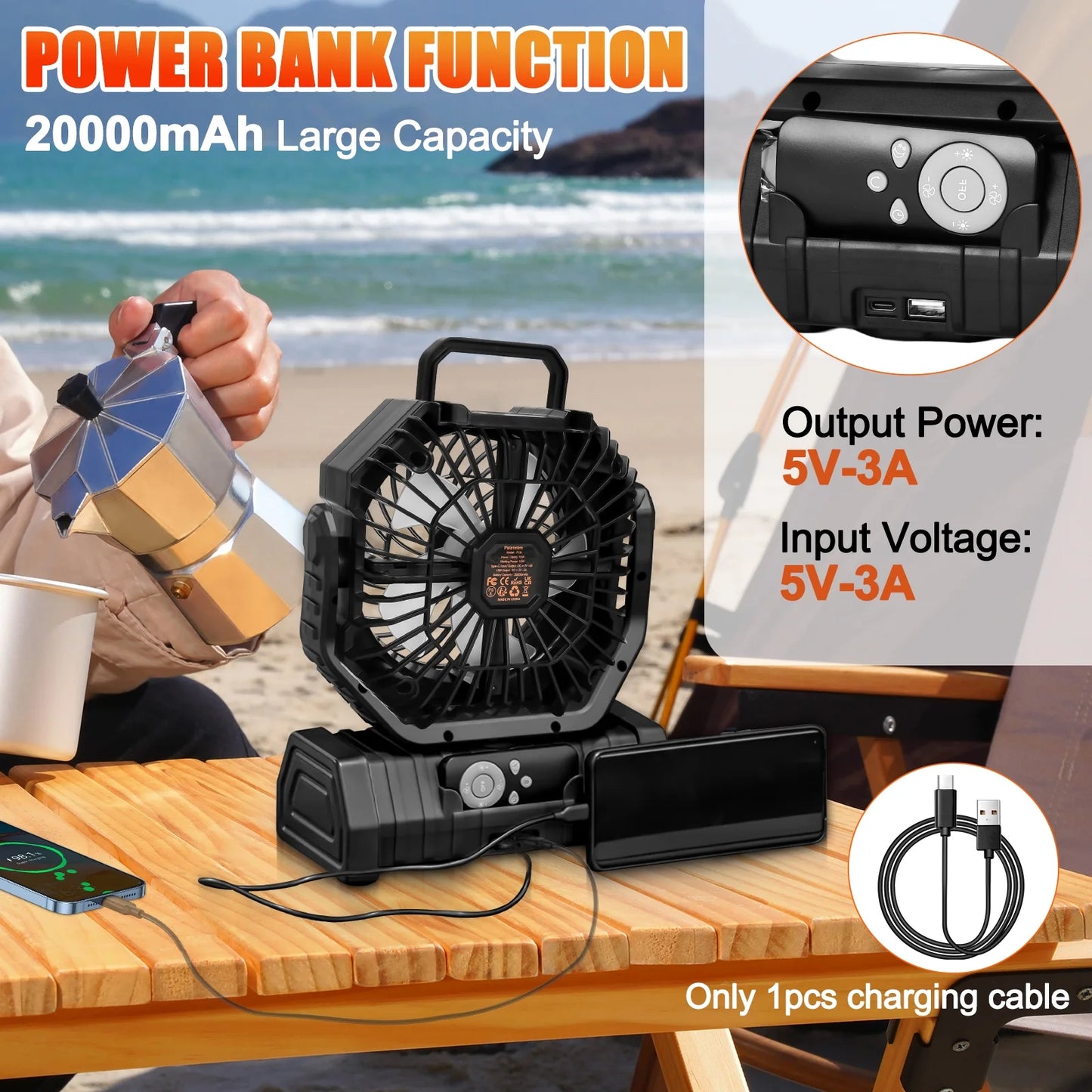 Camping Fan with LED Lantern, 20000mAh Rechargeable Battery, 270° Adjustable Rotation, 4-Speed Portable Tent Fan, Black