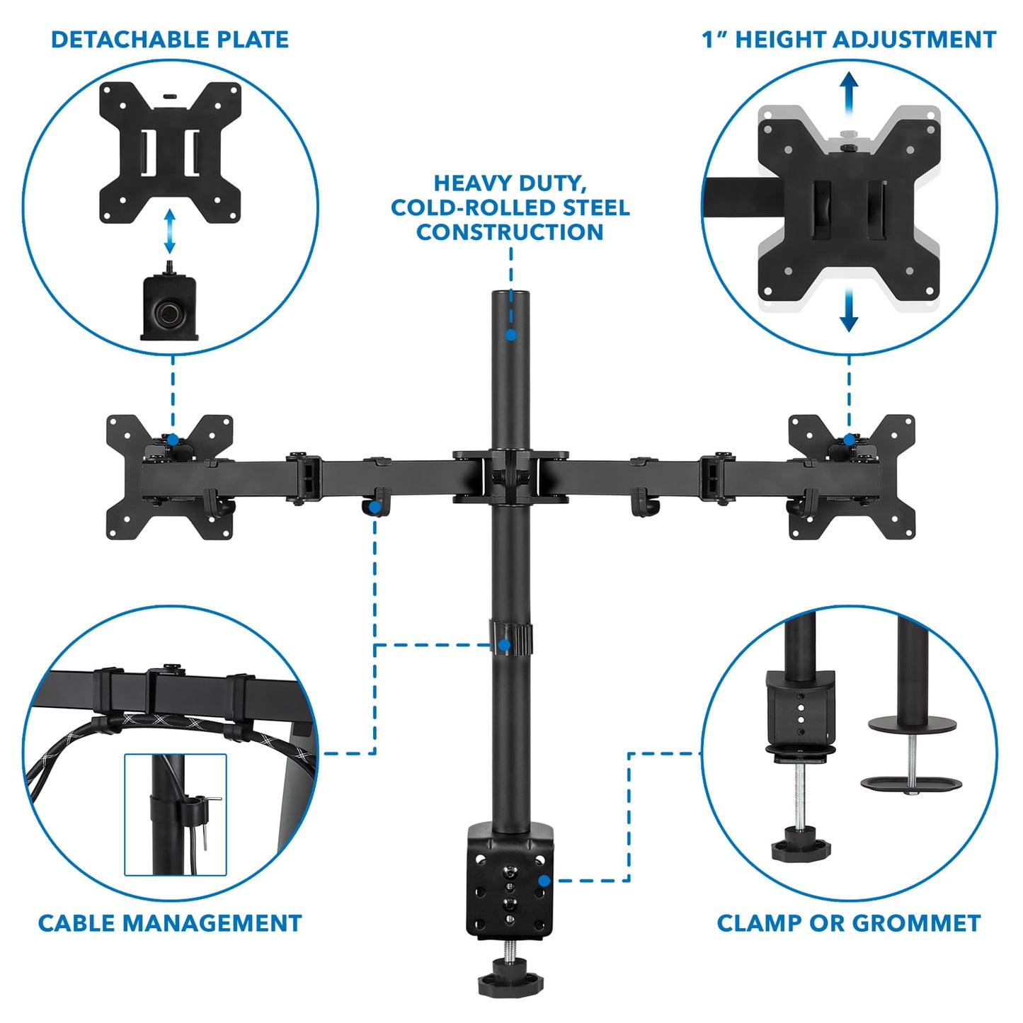 Adjustable Dual Monitor Desk Mount with Full-Motion Arms, Steel, 17–32 in Screens, 22 lbs Capacity