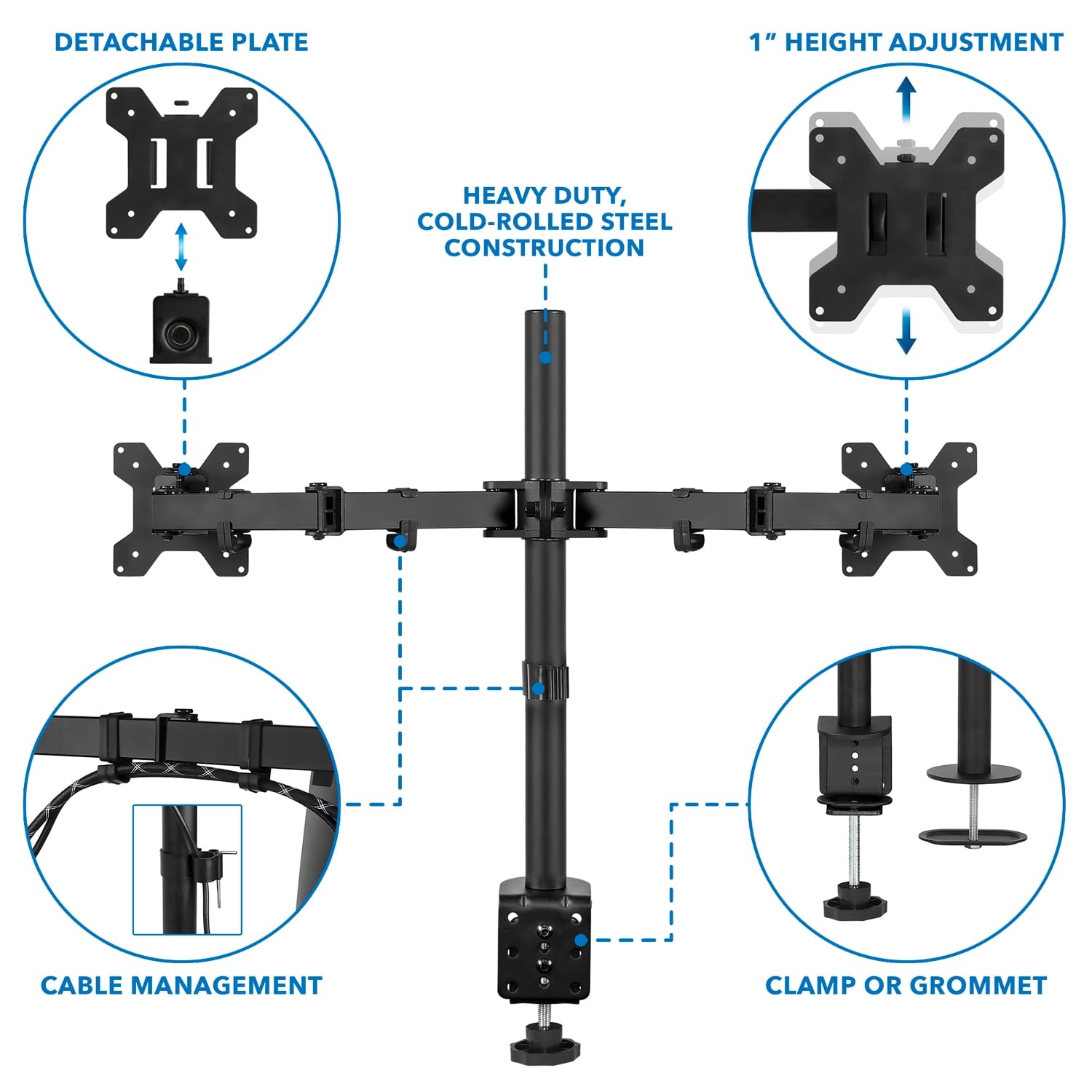 Adjustable Dual Monitor Desk Mount with Full-Motion Arms, Steel, 17–32 in Screens, 22 lbs Capacity