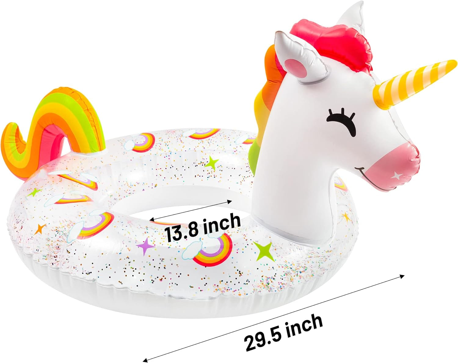 Unicorn Inflatable Pool Float with Glitters Inflation Swimming Ring Outdoor Water Inflatable Lounge Raft Tube Summer Fun Beach Floaties Vinyl Swim Floaty Pool Toy for Kids Adults White
