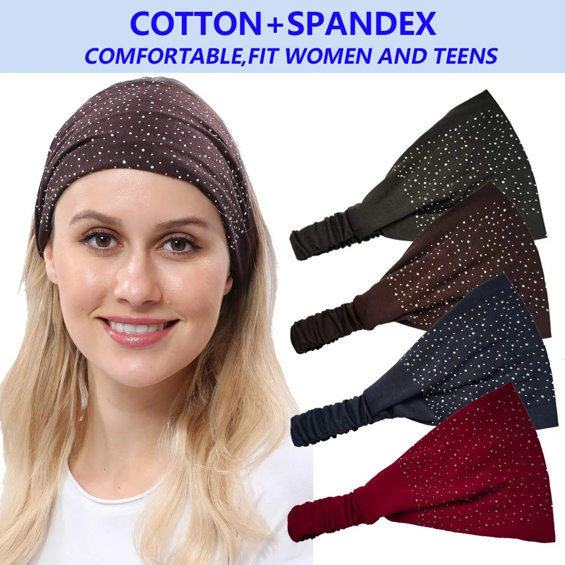 4 Pack Womens Yoga Headbands Bandana, Turban Head Wraps Hair Bands for Women Teens, Elastic Wide Solid Head Bands Hair Wraps with Rhinestone, Workout Trendy Hair Accessories (2020 Diamond Design)