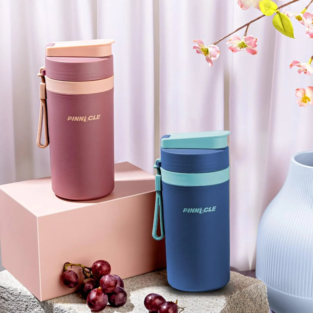 13.5 Oz Insulated Stainless Steel Water Bottle with Carrying Strap & Leakproof Lid 2-Pack - Matte Thermo Bottle for Kids & Adults Barn Red & Midnight Blue