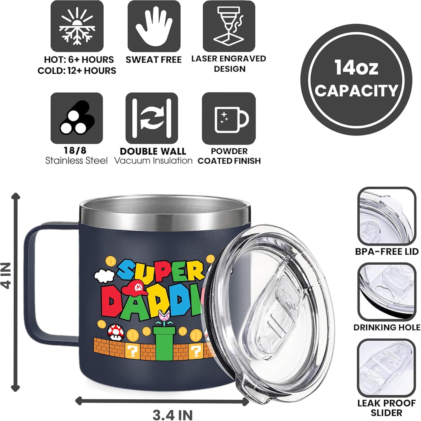 14Oz Super Daddio Travel Coffee Mug Tumbler - No. 1 Dad Nutrition Facts - Christmas, Fathers Day, Birthday Gift for Dad from Daughter Son Kid - Insulated Stainless Steel Cup with Handle