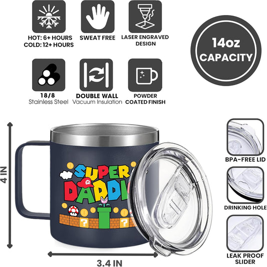 14Oz Super Daddio Travel Coffee Mug Tumbler - No. 1 Dad Nutrition Facts - Christmas, Fathers Day, Birthday Gift for Dad from Daughter Son Kid - Insulated Stainless Steel Cup with Handle
