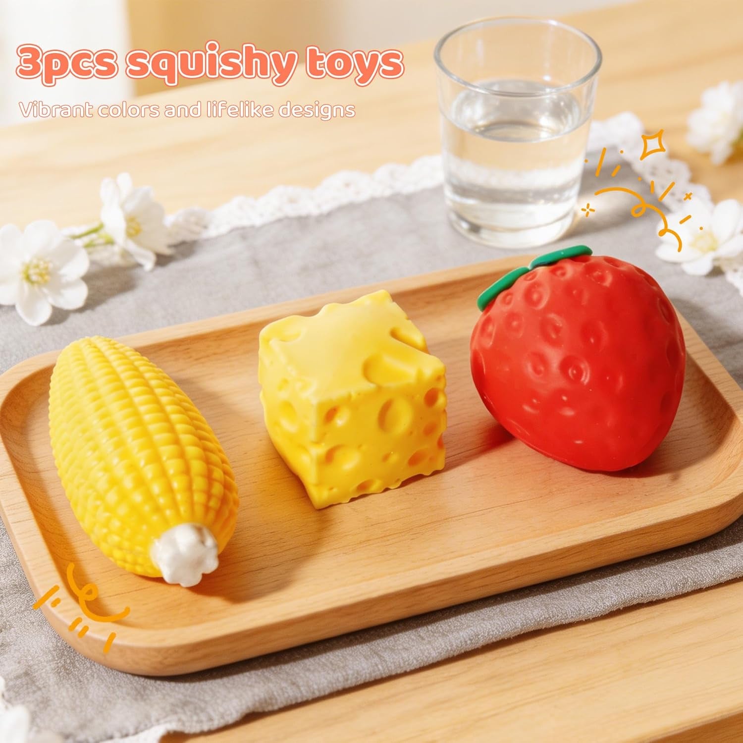 3Pcs Fruit Squishy- Cheese Squishy,Strawberry Corn Squishy,Squeeze Toys,Fruit Squishies for Stress Relief,Gift for Boys Girls Adults