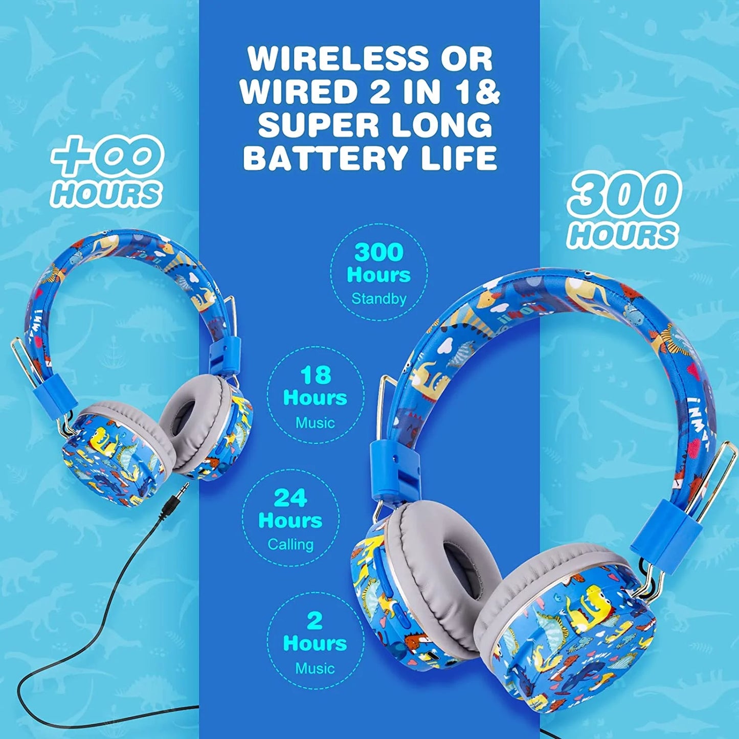 Qearfun Dinosaur Headphones for Boys Kids for School, Kids Bluetooth Headphones with Microphone & 3.5Mm Jack, Teens Toddlers Wireless Headphones with Adjustable Headband for Tablet/Pc