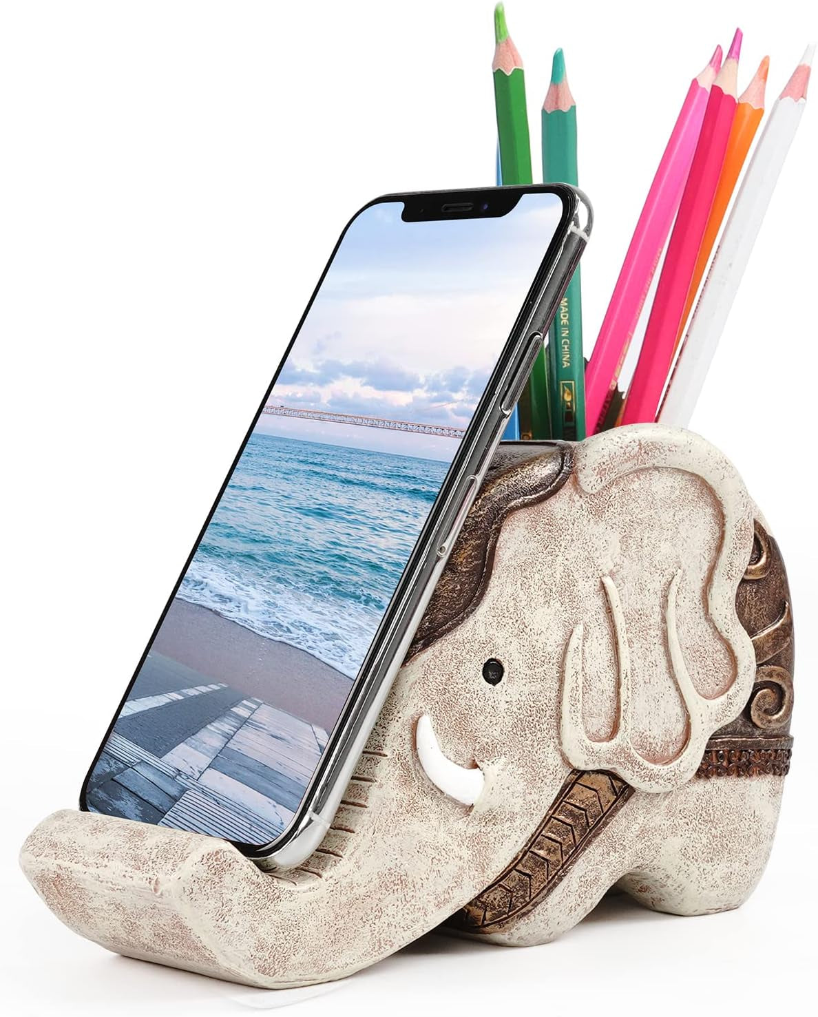Elephant Pencil Holder with Phone Stand, Elephant Gifts for Women Multifunctional Pen Holder Office Desk Organizer Desk Accessories Desk Decor Decorations Thanksgiving Christmas