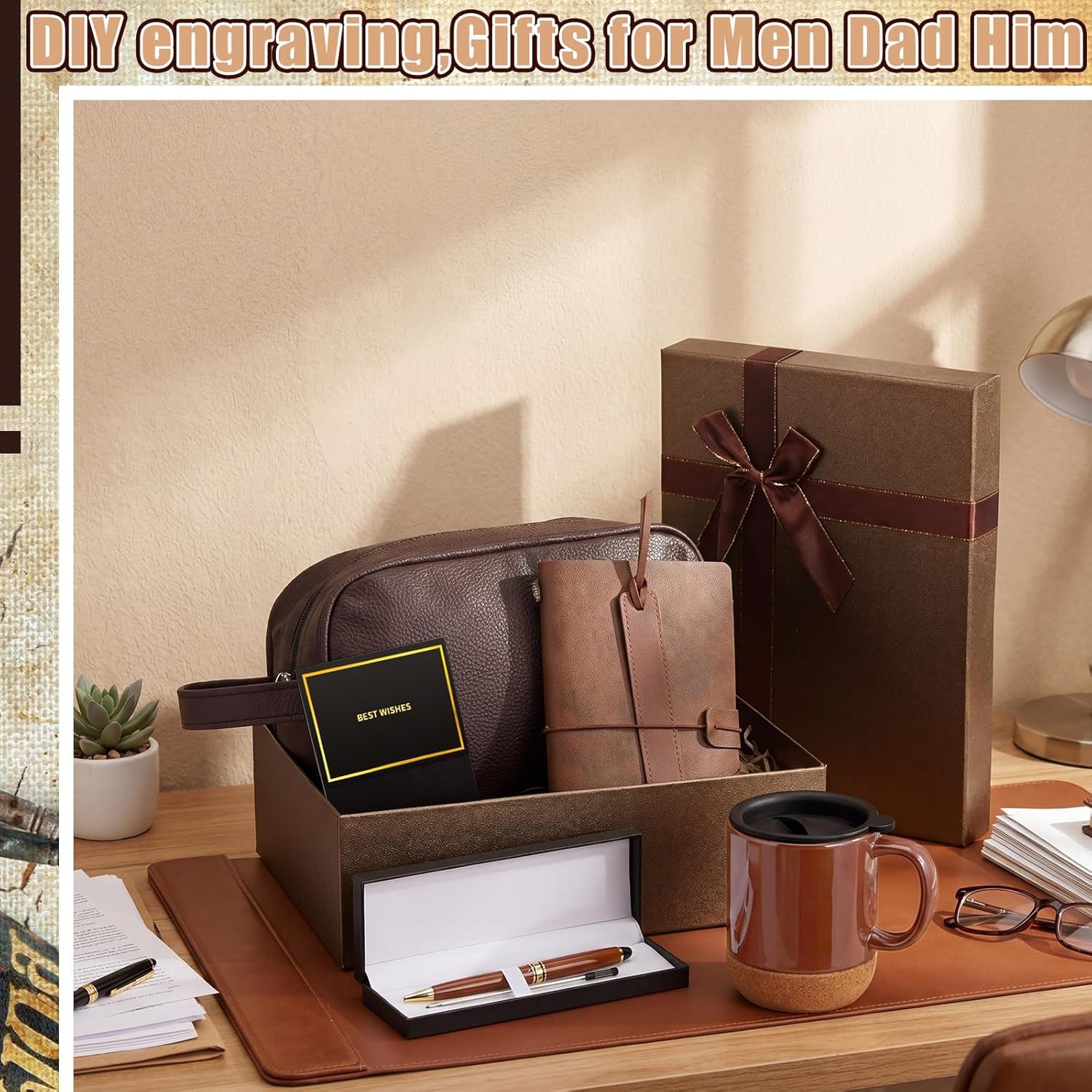 8 Pcs Fathers Day Dad Gifts Set for Mens Gifts Basket Ideas Set Mug PU Leather Notebook Toiletry Bag Bookmark Pen with Box Greeting Card for Dad Grandpa Husband Birthday (Brown)