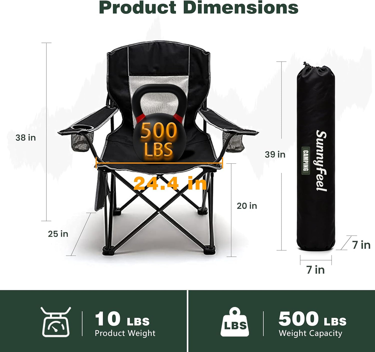 Camping Chairs for Adults, Oversized Camping Chair Heavy Duty 500LBS, Portable Lawn Chair with Cup Holder, Side Pocket&Bag for Outdoor Camping/Beach/Picnic/Fishing, Black