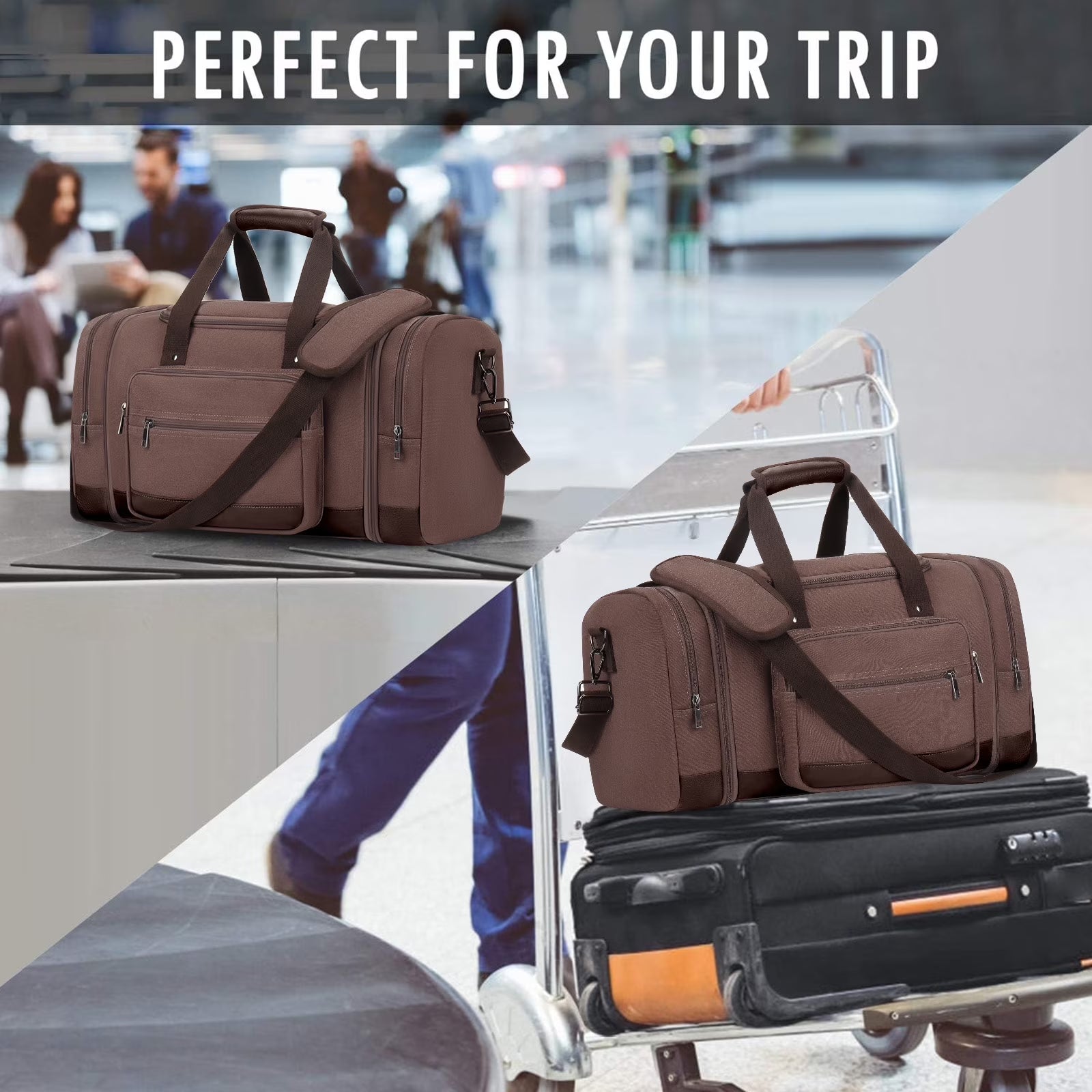 Duffle Bag for Travel Bag 46L Large Expendable Duffle Bags for Men Weekender Bag with Trolly Sleeve for Business Trip Travel Camp Gym, Coffee