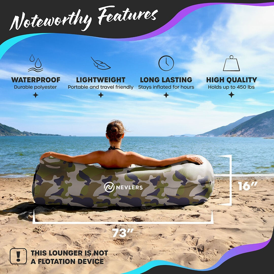 Nevlers Inflatable Air Lounger Sofa Chair Bed with Carry Bag and Pockets Waterproof 210T Polyester Outdoor Travel Use