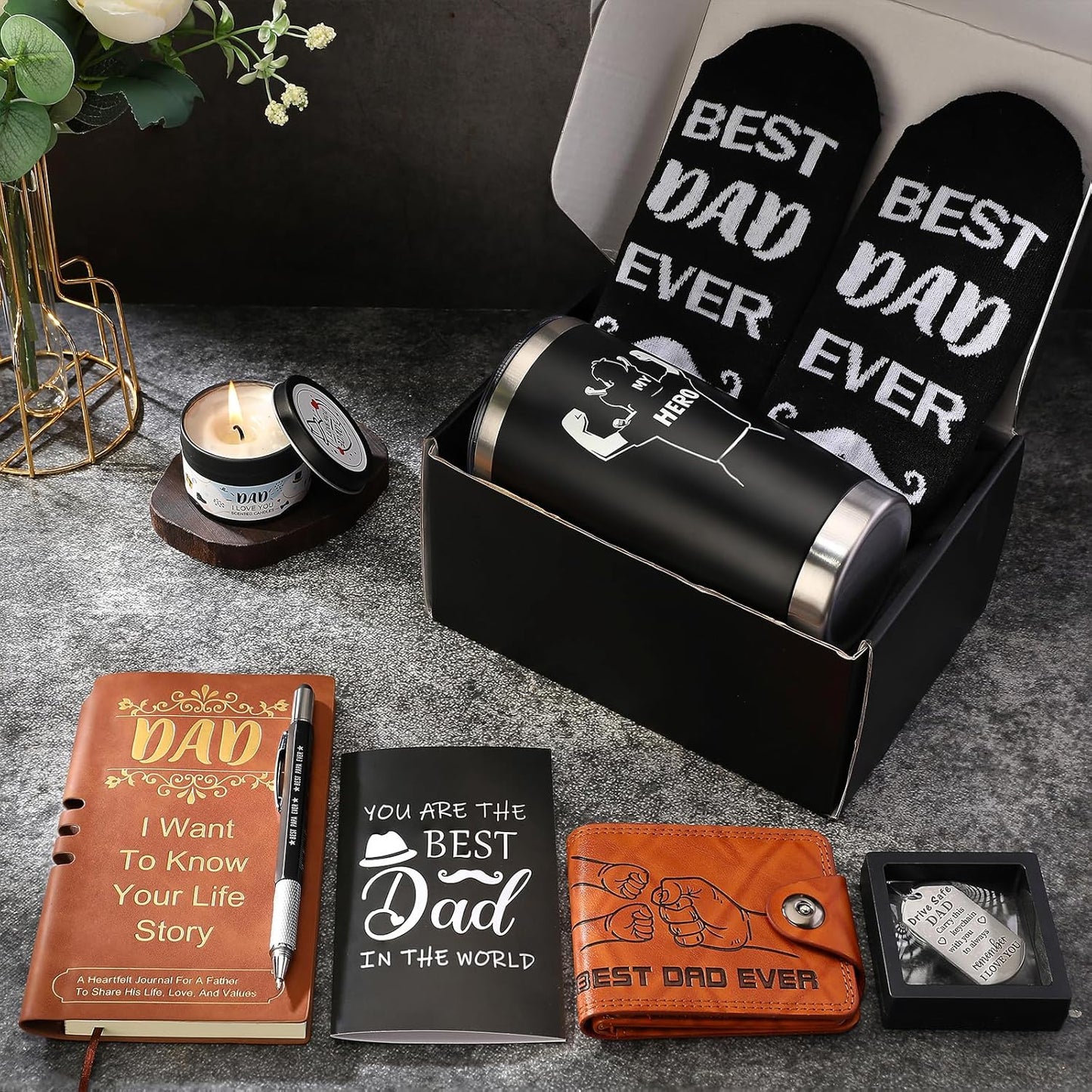 Gifts for Dads Birthday, Father Day Gifts Ideas from Daughter Son, 9 Pcs Dad Birthday Gift Basket Set for Men Husband Fathers Day, Unique Father Presents with 20Oz Tumbler Wallet Notebook Candle
