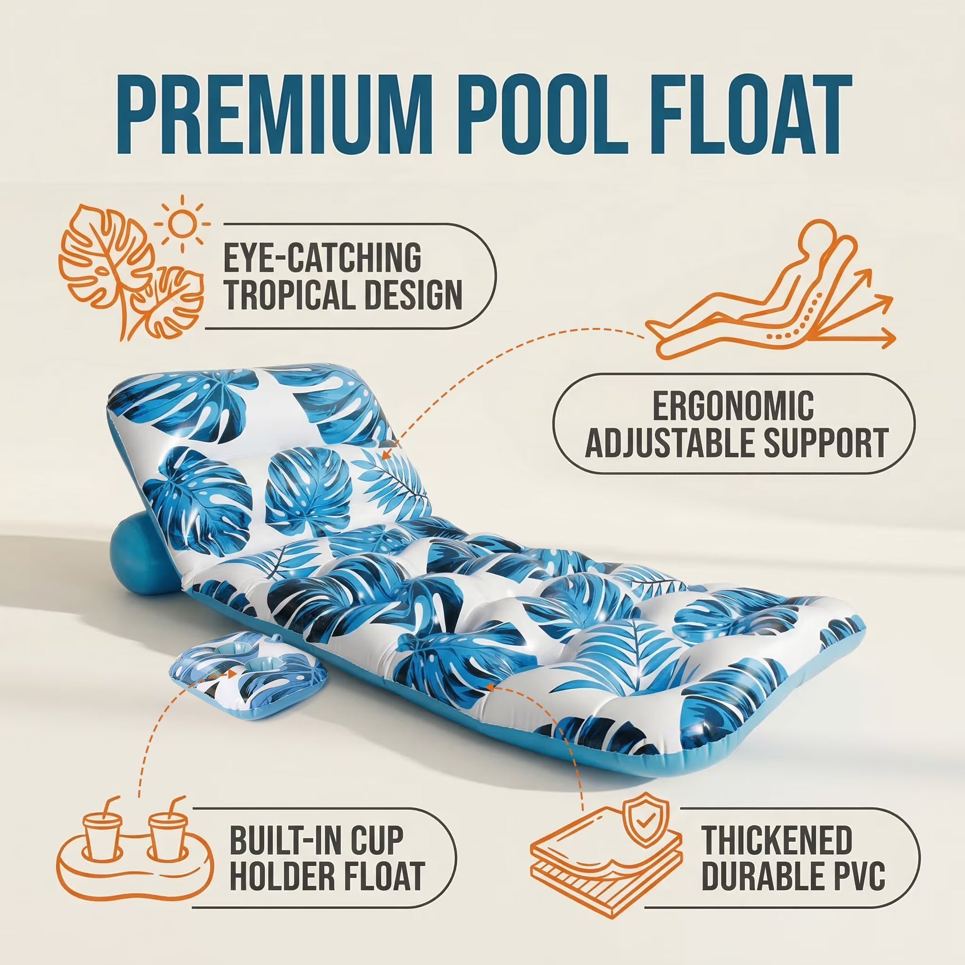Inflatable Pool Float Adult - Pool Floaties Lounger Floats Floating Chair Raft with Adjustable Backrest Cup Holders Water Floaty Lake Lounge Tanning Floats Beach Party Toys for Adults (Blue)