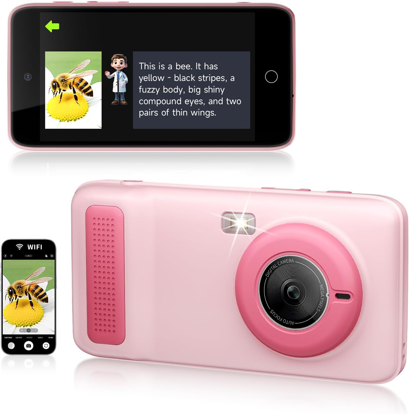 Kids Smart AI Learning Camera, 4.0'' Educational AI Toy Camera with Photo Recognition Knowledge Encyclopedia for Toddler Boys and Girls 3+ Christmas Birthday School Gift (Pink)