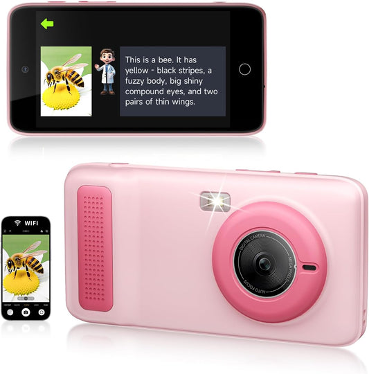 Kids Smart AI Learning Camera, 4.0'' Educational AI Toy Camera with Photo Recognition Knowledge Encyclopedia for Toddler Boys and Girls 3+ Christmas Birthday School Gift (Pink)