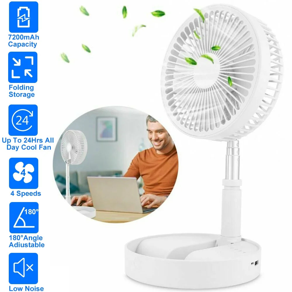 2-in-1 Cordless Foldable Stand Fan Portable Desk Fan 7200mAh Rechargeable 4 Speeds Adjustable Height 14.2-39 in with Power Bank Function
