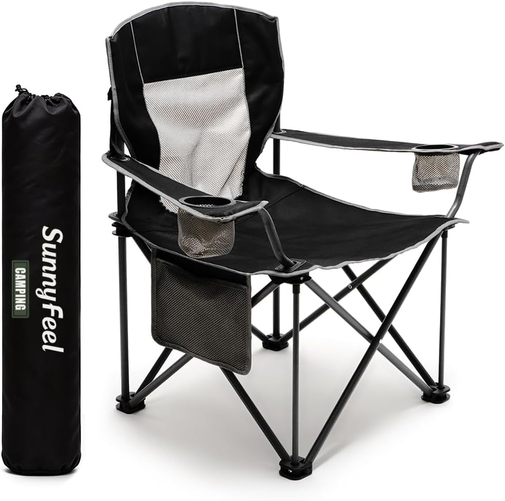 Camping Chairs for Adults, Oversized Camping Chair Heavy Duty 500LBS, Portable Lawn Chair with Cup Holder, Side Pocket&Bag for Outdoor Camping/Beach/Picnic/Fishing, Black