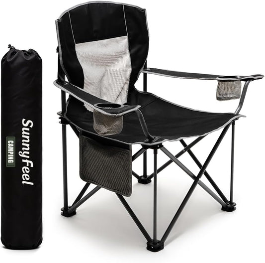 Camping Chairs for Adults, Oversized Camping Chair Heavy Duty 500LBS, Portable Lawn Chair with Cup Holder, Side Pocket&Bag for Outdoor Camping/Beach/Picnic/Fishing, Black
