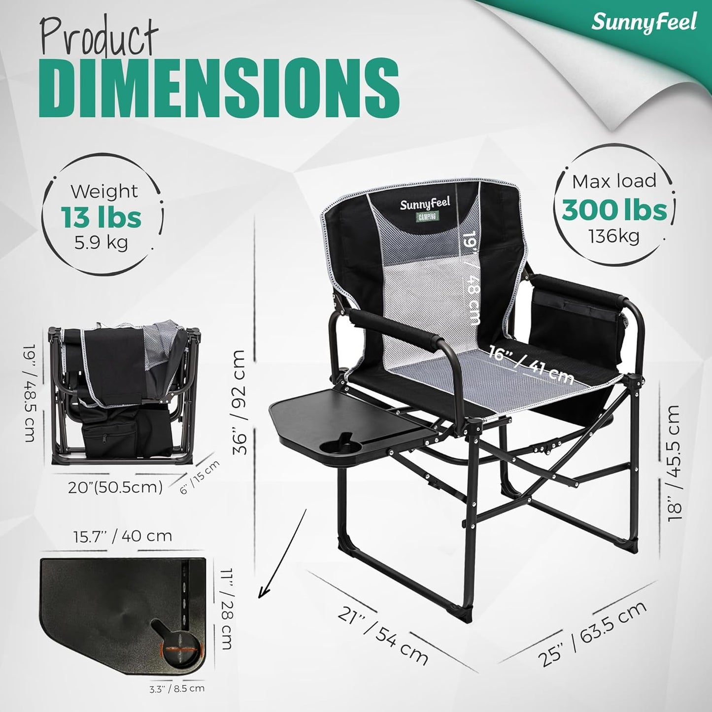 Oversized Folding Camping Directors Chair with Side Table and Storage Pockets – Heavy-Duty Portable Chair for Adults, Beach, Picnic, Fishing, Concerts, Tailgating