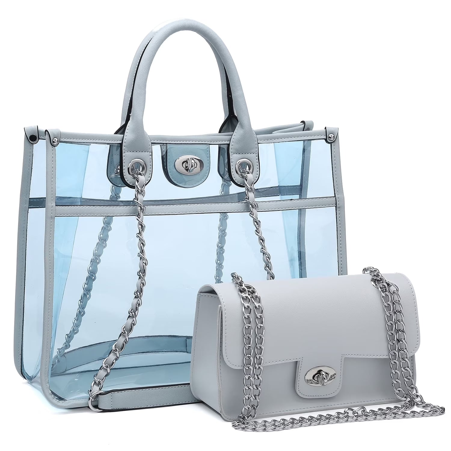 Women Large Clear Tote PVC Purse with Small Crossbody Bag 2-Piece Set - Transparent Stadium Approved Shoulder Handbag