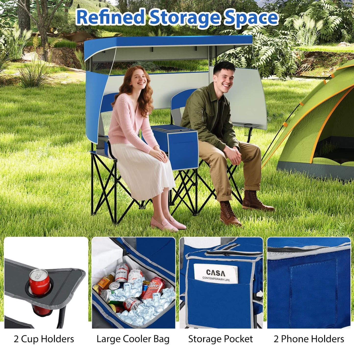 Double Beach Chair with Adjustable Canopy Oversized Folding Camping Chair Navy