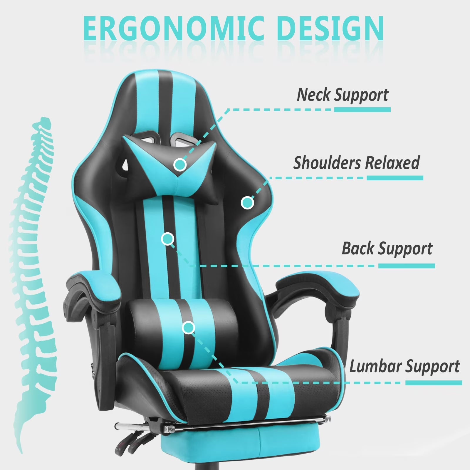 Gaming Chair Office Chair with Footrest, Ergonomic Massage Chair with Lumbar Pillow, Headrest for Adults Teens, Blue