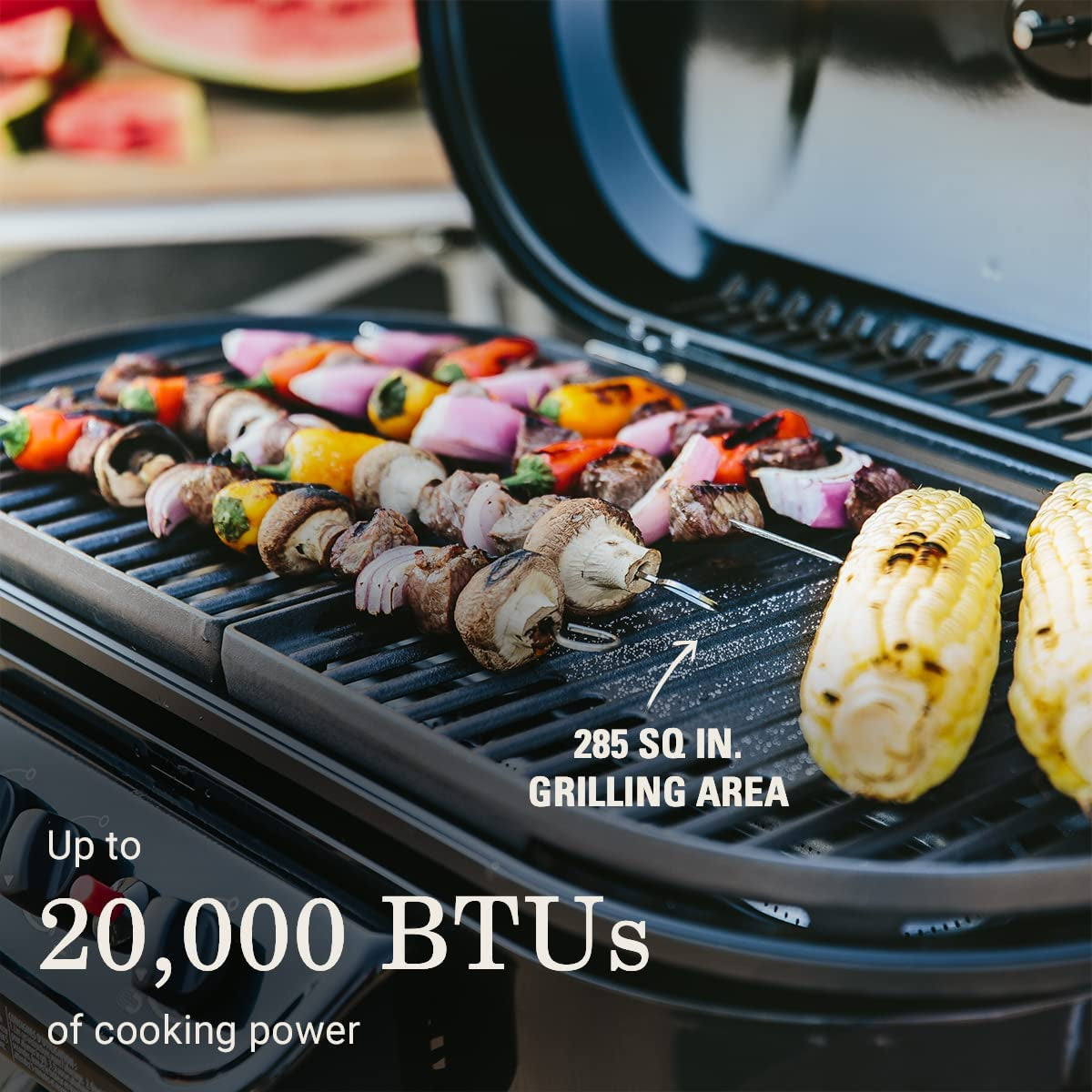 Portable Stand-Up Propane Grill with 3 Adjustable Burners, 20,000 BTU Outdoor Gas Grill with Push-Button Ignition, 285 sq. in Cooking Area for Camping, Tailgating, BBQs & Outdoor Cooking