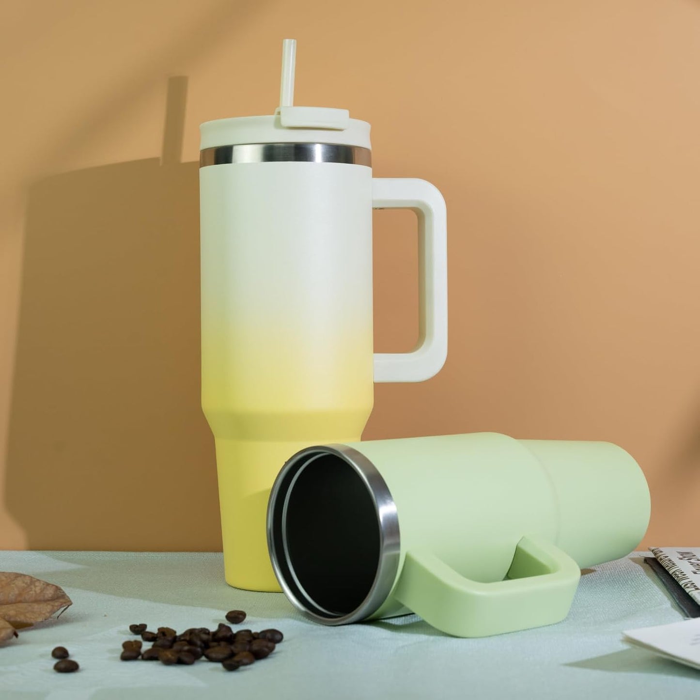 40 Oz Tumbler with Handle Insulated Stainless Steel Thermal Cup with Lid & Straw - Lemon Double Wall Vacuum Travel Mug
