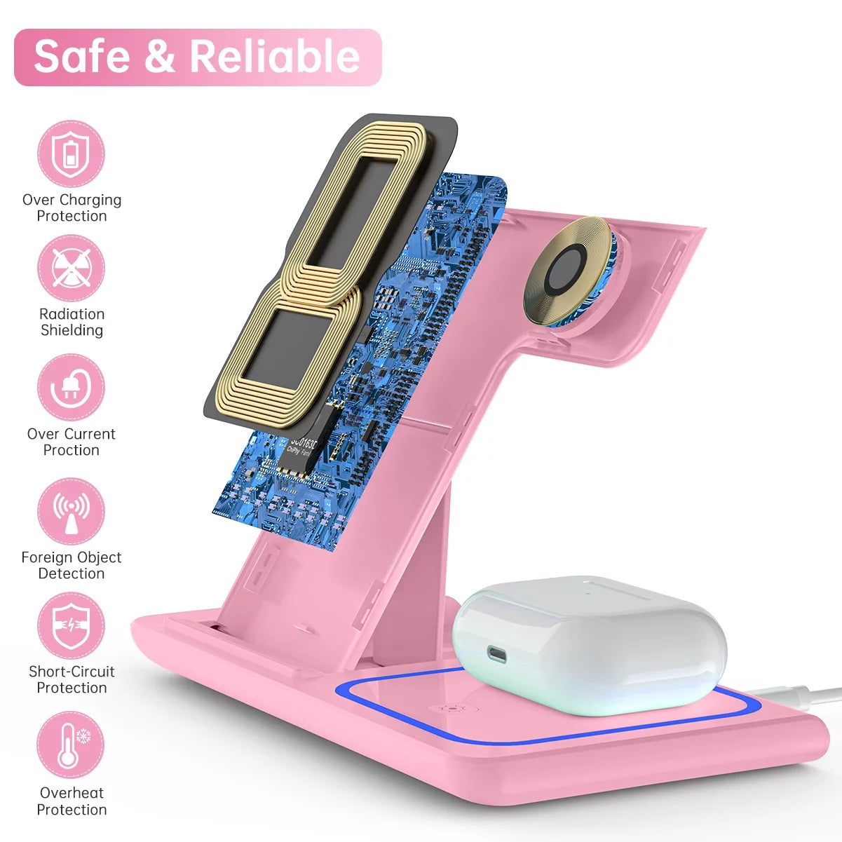 Wireless Charger, 18W 3 in 1 Wireless Charging Station for Iphone 17 16E 15 14 13 12 Pro, Fast Charger Stand for Iwatch SE 9-11 6-8 2-5, Airpods 4/3/2/Pro, Samsung Galaxy Seires (Pink)