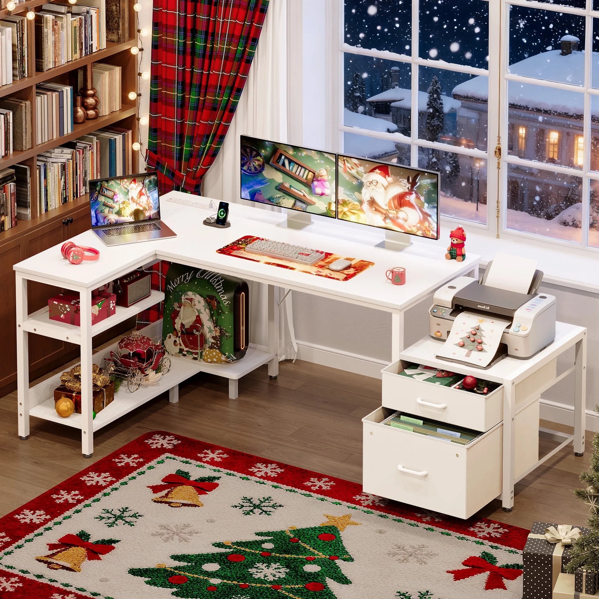 L Shaped Desk with Power Outlets, Large Computer Desk with File Drawer, Home Office Desk with Printer Stand & Storage Shelves, Corner Desk, White