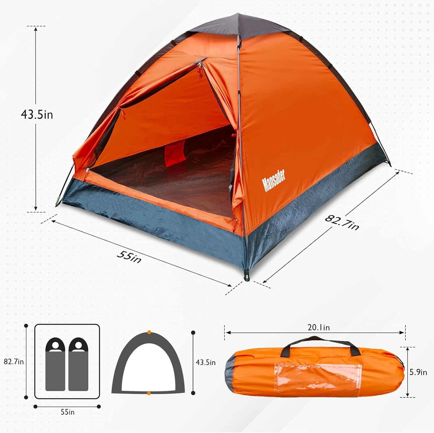 2 Person Camping Dome Tent Waterproof Lightweight Portable 82.7 x 55 x 43.5 in Backpacking Hiking Tent Green
