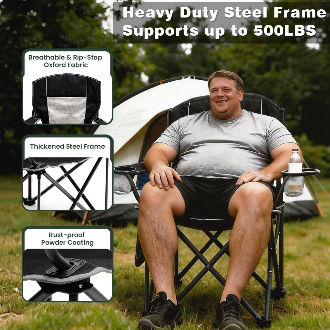 Camping Chairs for Adults, Oversized Camping Chair Heavy Duty 500LBS, Portable Lawn Chair with Cup Holder, Side Pocket&Bag for Outdoor Camping/Beach/Picnic/Fishing, Black