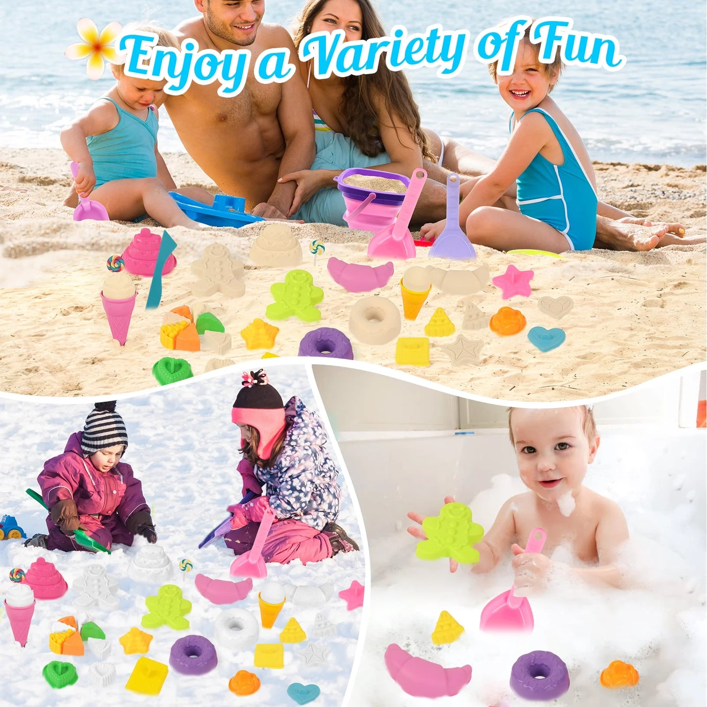35 Piece Beach Sand Toy Set with Collapsible Silicone Bucket Mesh Bag and Molds Kids Outdoor Sandbox Play Ages 3-12