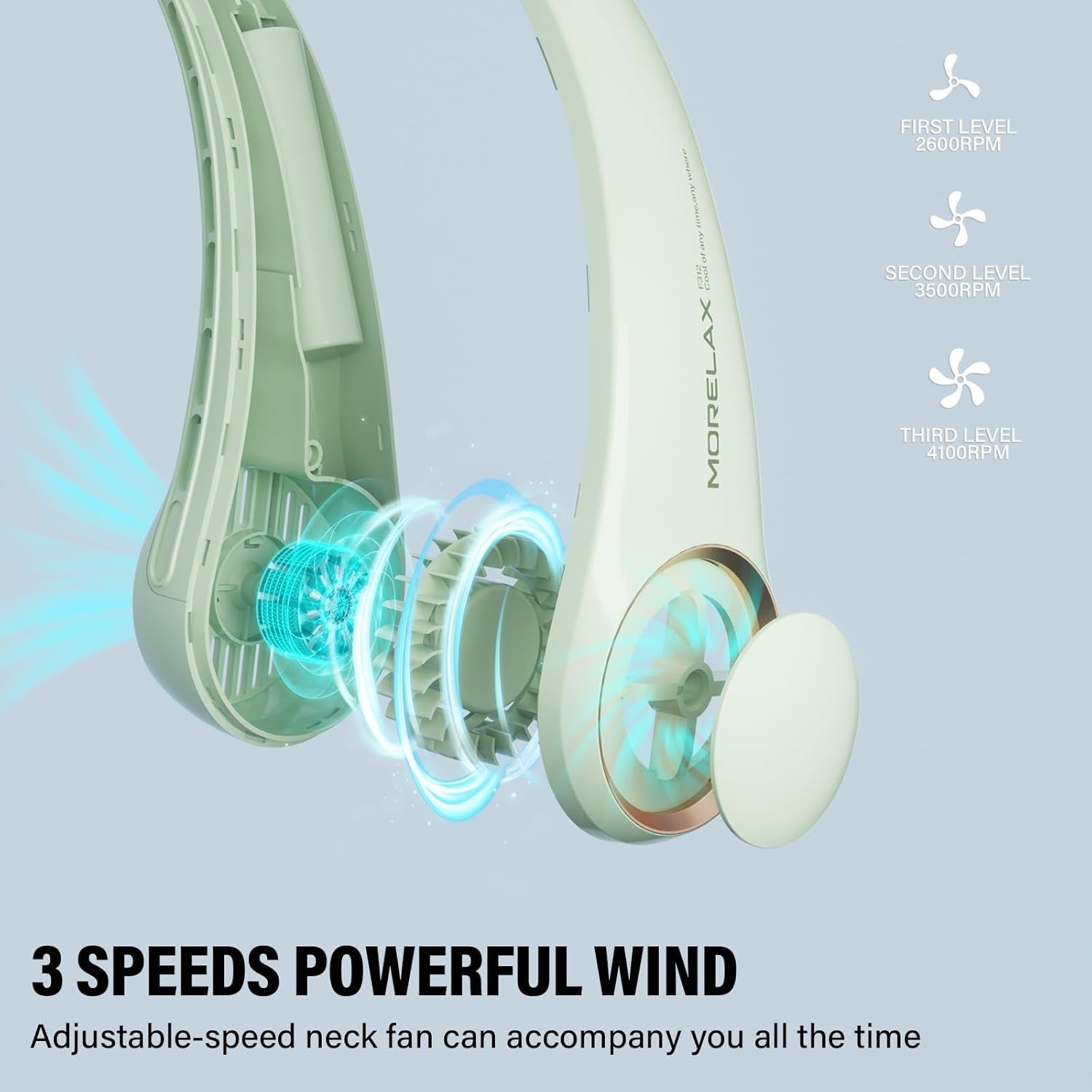 Neck Fan, USB Rechargeable Personal Fan, 3 Speeds Adjustable, Large Air Outlet Powerful Strong Wind, Adjustable, 360° Cooling, Super Quiet, No Blade Design, No Hair Twisting, Small (Green)