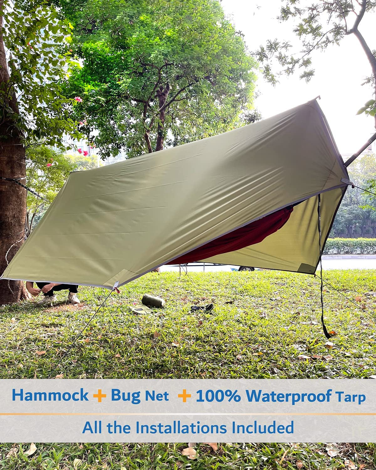 Camping Hammock with Mosquito Net & Rain Fly, Portable Single/Double Hammock Tent with 10 ft Tree Straps, Lightweight Outdoor Hammock for Hiking, Camping & Travel
