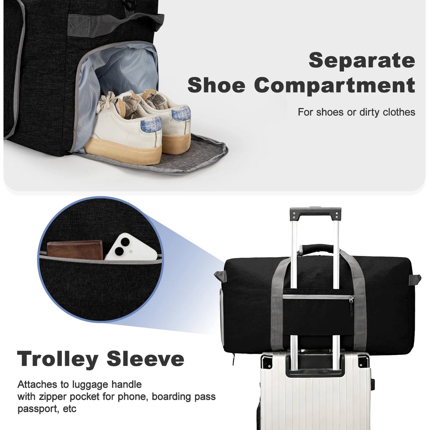 Travel Duffle Bag 24" Foldable Weekender Bags Men Women, 60L Carry on Waterproof Overnight Bag Gym Bag with Shoes Compartment Trolley Sleeve, Large Packable Tote Duffel Bag for Sports Plane