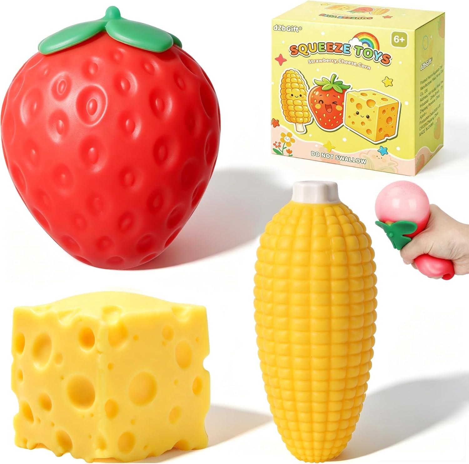 3Pcs Fruit Squishy- Cheese Squishy,Strawberry Corn Squishy,Squeeze Toys,Fruit Squishies for Stress Relief,Gift for Boys Girls Adults