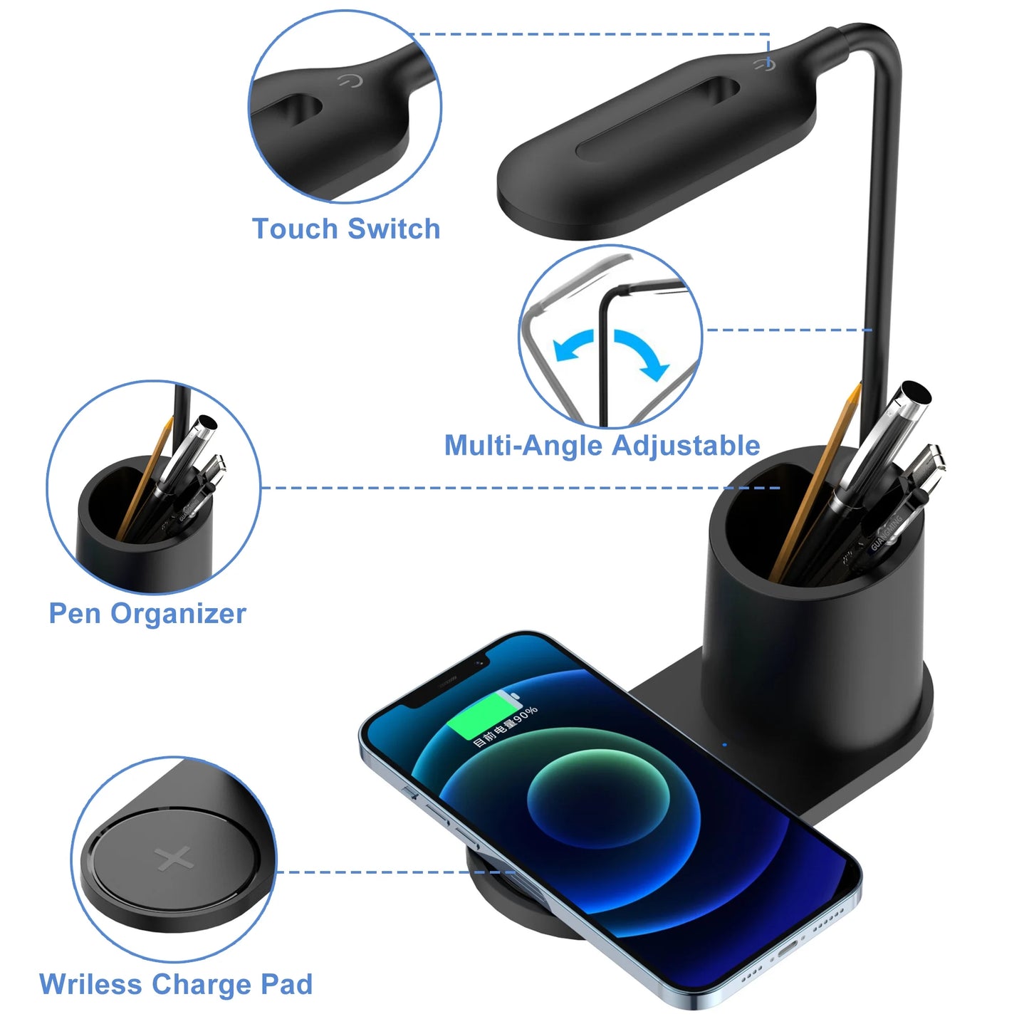 Small Led Desk Lamp for an Office in Home with USB Port and Wireless Charging - 3 Modes Dimmable Gooseneck Desk Light（Black）