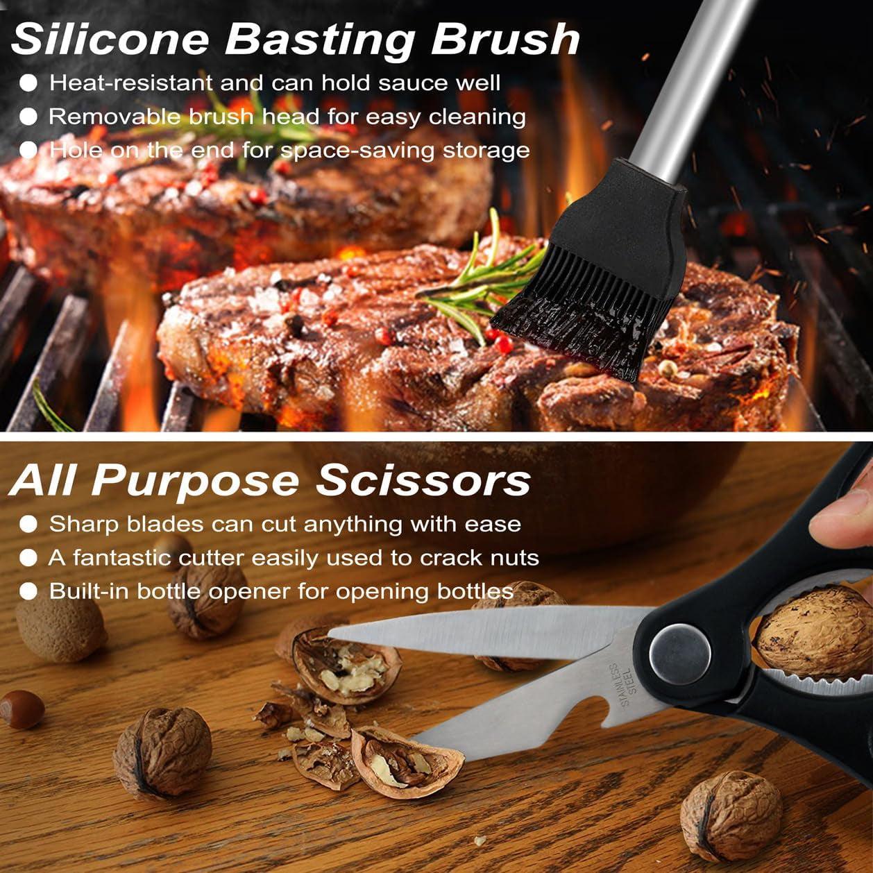 29 Piece BBQ Grill Tools Set Stainless Steel with Storage Bag, Thermometer, Tongs, Spatula, Skewers for Outdoor Cooking Silver