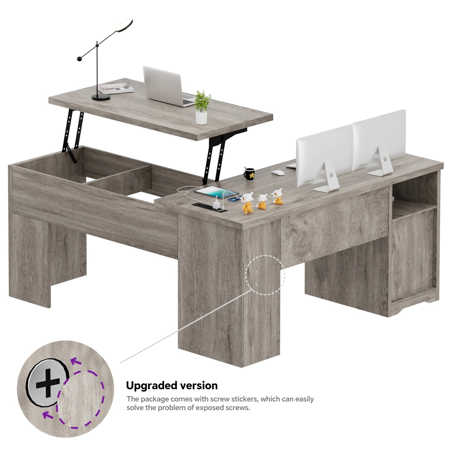 Lift Top L-Shaped Desk with Charge Station, Corner Standing Desk with File Drawers for Home Office