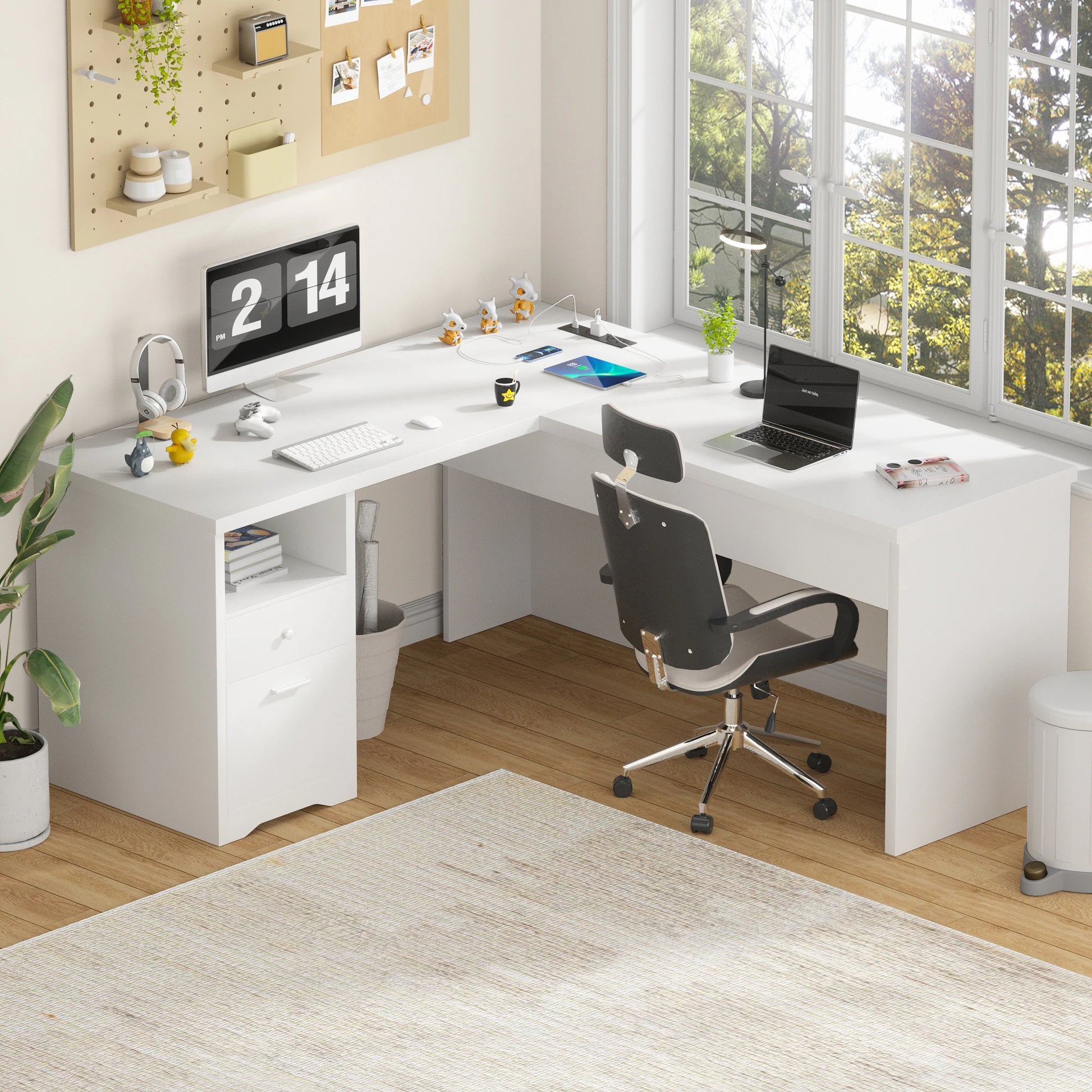 Lift Top L-Shaped Desk with Charge Station, Corner Standing Desk with File Drawers for Home Office
